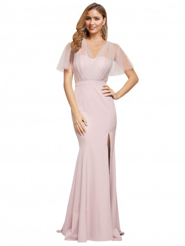 Short Sleeves One Shoulder Low Back Stretch Crepe & Tulle Sheath Formal Evening Dress Online