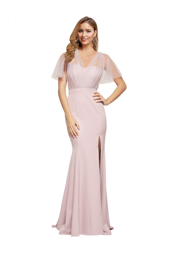 Short Sleeves One Shoulder Low Back Stretch Crepe & Tulle Sheath Formal Evening Dress Online