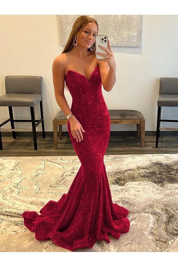 Sleeveless Burgundy Sweetheart Velvet Sequin Sheath Evening Dress Online