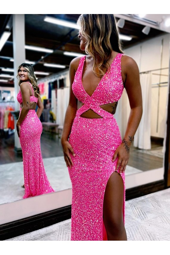 Sleeveless V-Neck Velvet Sequin Sheath Long Evening Dress Online