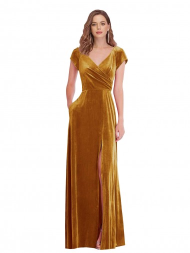 Cap Sleeves V-Neck Stretch Velvet Sheath Formal Evening Dress Online