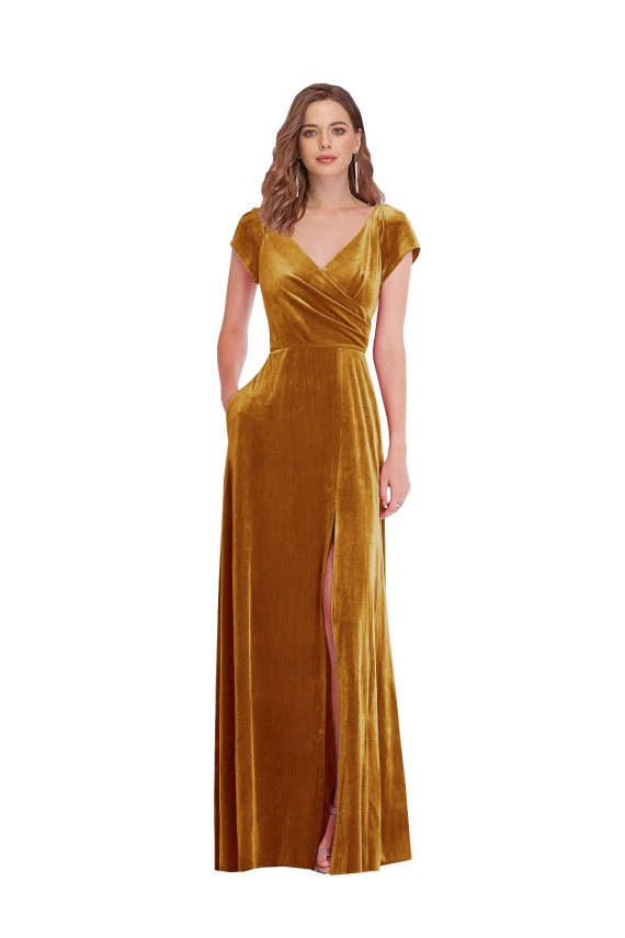 Cap Sleeves V-Neck Stretch Velvet Sheath Formal Evening Dress Online
