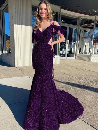 Sleeveless Plum Purple Spaghetti Straps Velvet Sequin Sheath Evening Dress Online