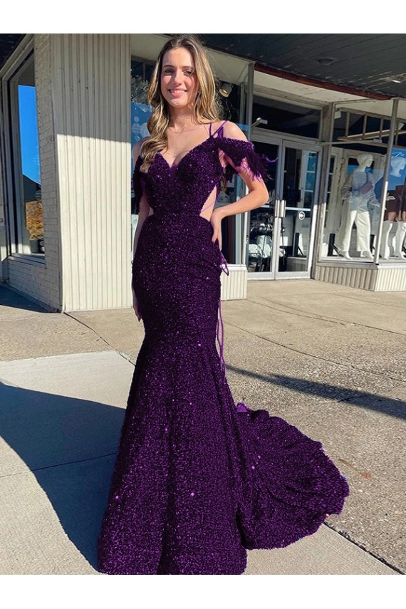 Sleeveless Plum Purple Spaghetti Straps Velvet Sequin Sheath Evening Dress Online