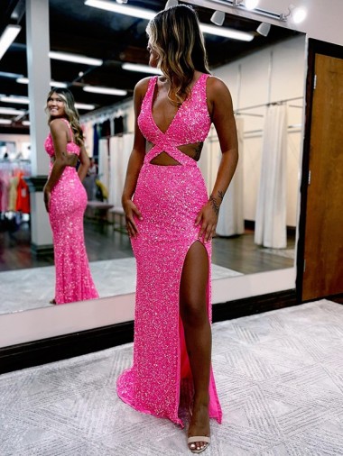 Sleeveless V-Neck Velvet Sequin Sheath Long Evening Dress Online