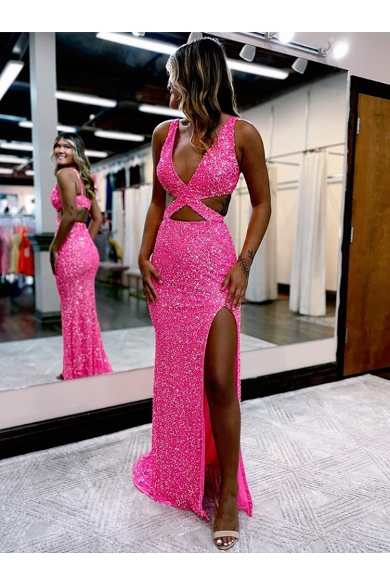 Sleeveless V-Neck Velvet Sequin Sheath Long Evening Dress Online