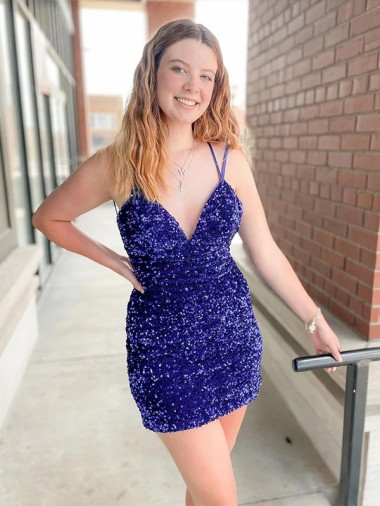 Sleeveless V-Neck Velvet Sequin Sheath Cocktail Evening Dress Online