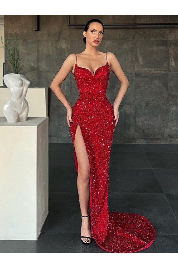 Sleeveless Red V-Neck Velvet Sequin Sheath Evening Dress Online