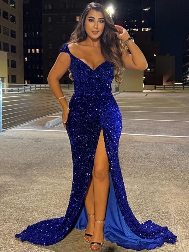 Sleeveless V-Neck Velvet Sequin Sheath Gown Online