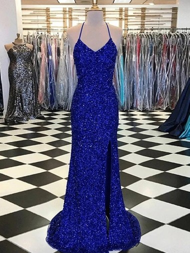Sleeveless V-Neck Velvet Sequin Sheath Royal Blue Evening Dress Online