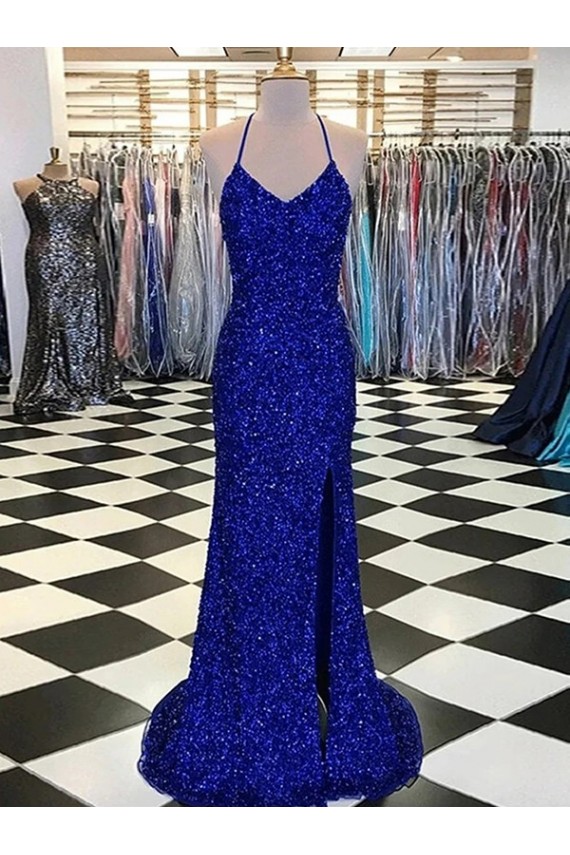 Sleeveless V-Neck Velvet Sequin Sheath Royal Blue Evening Dress Online