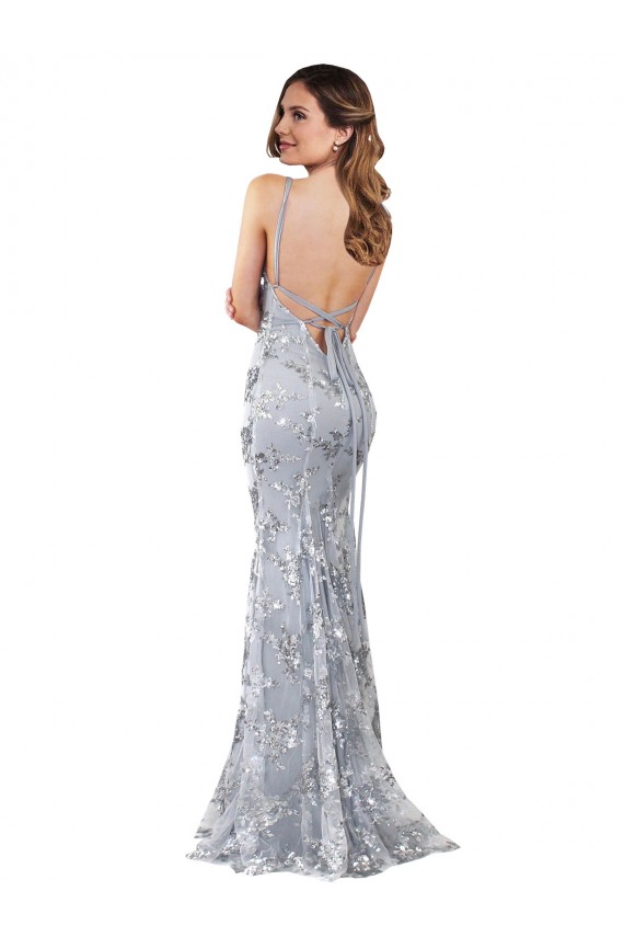 Sleeveless Silver V-Neck Backless Stretch Crepe & Sequin Tulle Mermaid Formal Evening Dress Online