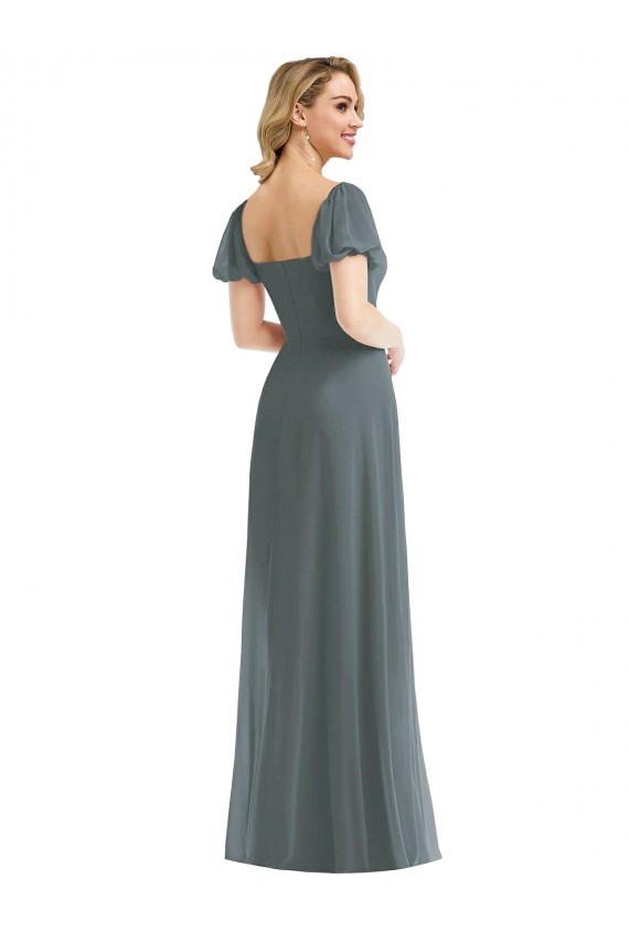 Puff Sleeves Square Neck Soft Chiffon A-Line Semi Formal Evening Dress Online