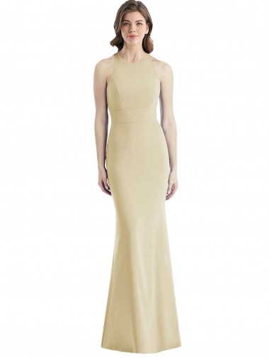 Sleeveless Bateau Neck Criss Cross Open Back Stretch Crepe Trumpet Semi Formal Evening Dress Online