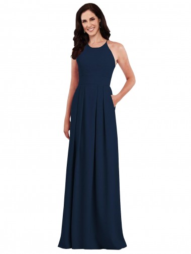 Sleeveless Halter Neck Criss Cross Open Back Stretch Crepe Trumpet Semi Formal Evening Dress Online
