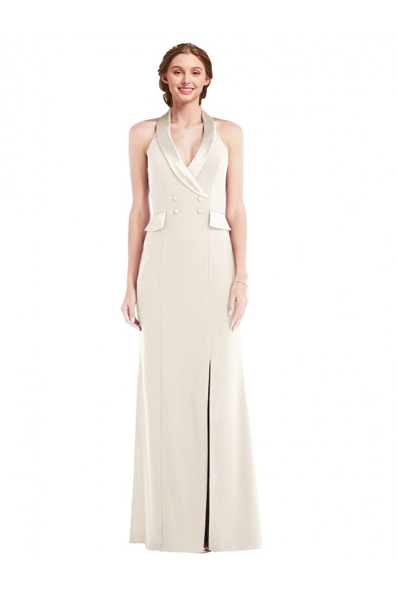 Sleeveless Halter Neck Low Back Stretch Crepe Trumpet Semi Formal Evening Dress Online