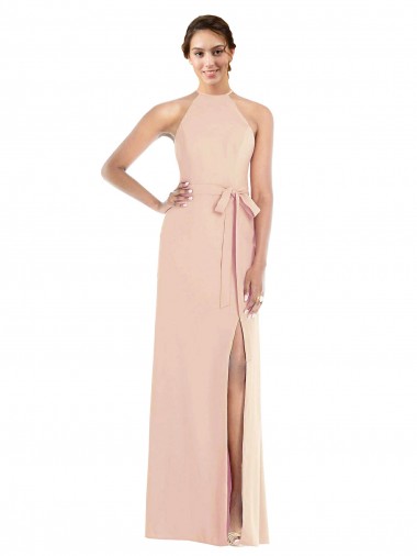 Sleeveless Nude Halter Neck Criss Cross Back Stretch Crepe Trumpet Formal Evening Dress Online