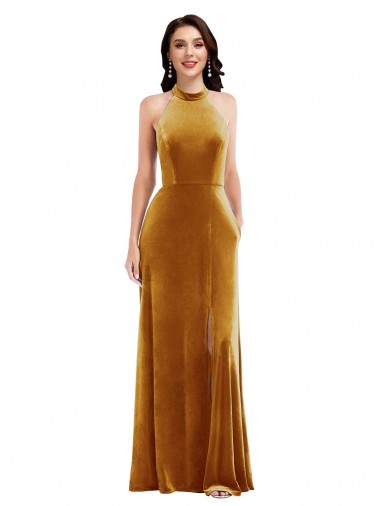Sleeveless Halter Neck Keyhole Back Stretch Velvet Trumpet Semi Formal Evening Dress Online