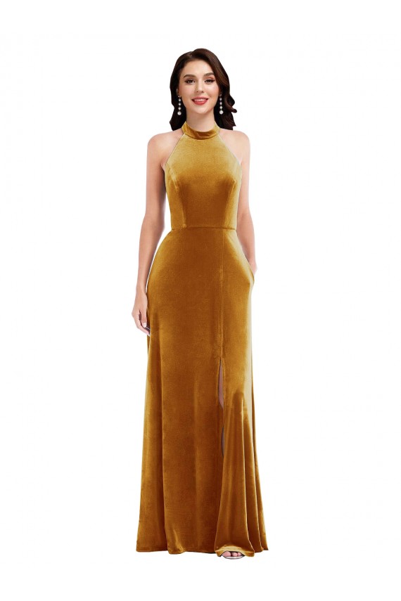 Sleeveless Halter Neck Keyhole Back Stretch Velvet Trumpet Semi Formal Evening Dress Online