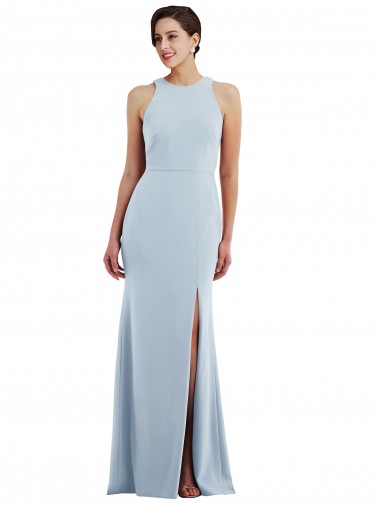 Sleeveless Light Sky Blue Halter Neck Open Back Stretch Crepe Trumpet Formal Evening Dress Online