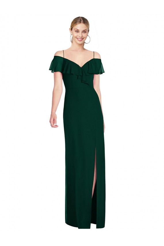 Cold Shoulder Ever Green Spaghetti Straps Soft Chiffon Trumpet Semi Formal Evening Dress Online