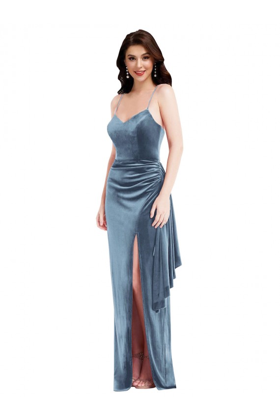 Sleeveless Spaghetti Straps Low Back Stretch Velvet Trumpet Formal Evening Dress Online