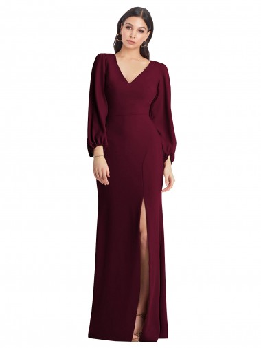 Puff Sleeves V-Neck Stretch Crepe Trumpet Semi Formal Evening Dress Online