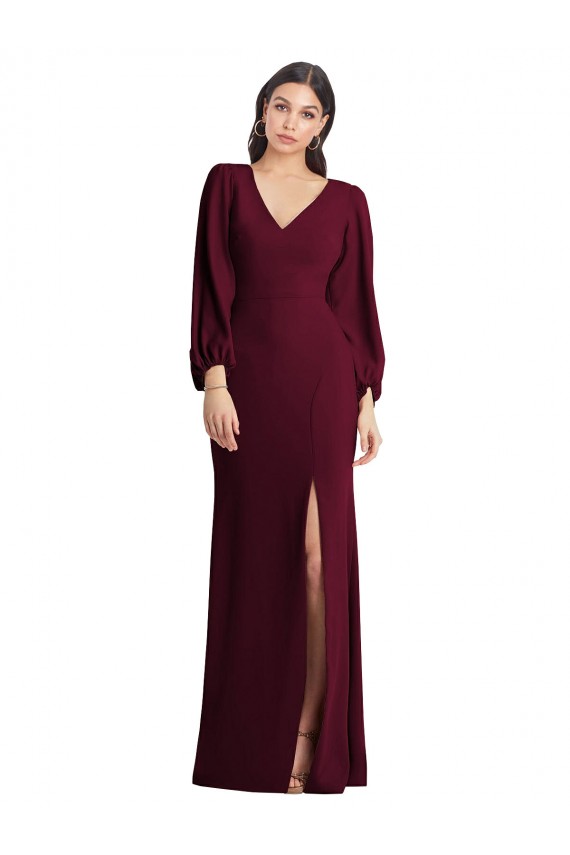 Puff Sleeves V-Neck Stretch Crepe Trumpet Semi Formal Evening Dress Online