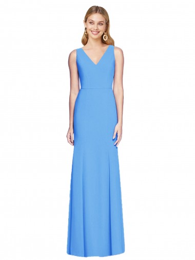 Sleeveless Peacock Blue V-Neck Keyhole Back Stretch Crepe Trumpet Semi Formal Evening Dress Online