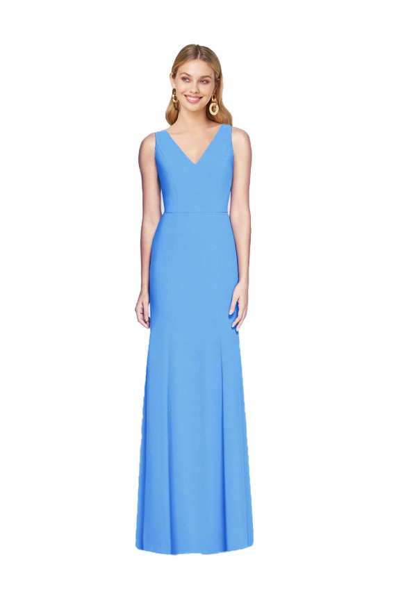 Sleeveless Peacock Blue V-Neck Keyhole Back Stretch Crepe Trumpet Semi Formal Evening Dress Online